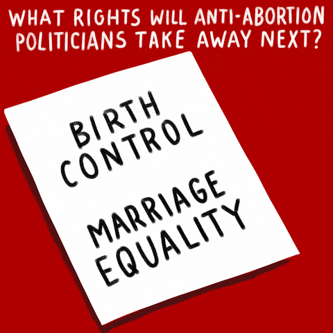 Digital art gif. Cartoon hand reaches out to a piece of paper with a pencil and crosses out text that reads, "Birth control. Marriage equality," in stark red ink. Stickers appear on the paper that read, "Don't let them! Vote." Text, "What rights will anti-abortion politicians take away next?"