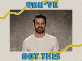 Celebrity gif. Nyle DiMarco uses ASL to say "you've got this," which also appears as text; he points at us with his right hand, slaps the top of his left fist, then points down with his right hand.