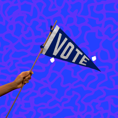Video gif. Navy blue pennant reads, "Vote," as it waves in front of a purple background with shapeshifting blue spots. White check marks morph into hearts before exploding into emphasis lines around the flag.