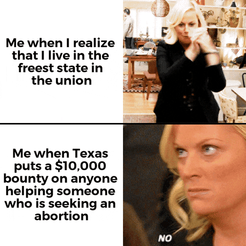 Meme gif. Two gifs. First gif: Amy Poehler as Leslie Knope in "Parks and Rec" dances around happily, doing the wave with her arms. Text, "Me when I realize that I live in the freest state in the Union." Second gif: A close-up of Poehler's face, showing her tightening her mouth angrily before barking, "No!" Text, "Me when Texas puts a ten thousand dollar bounty on anyone helping someone who is seeking an abortion."