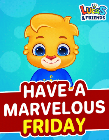 Cartoon gif. Lucas from Lucas and Friends leans towards us to smile and wave with a happy expression on his face. Text, "Have a marvelous Friday."