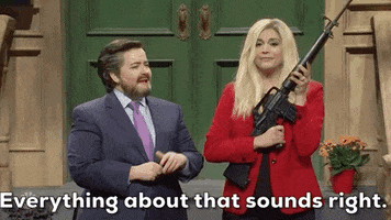 SNL gif. Aidy Bryant dressed as Ted Cruz and Cecily Strong dressed as Marjorie Taylor Greene stand in front of a doorstep that looks like the one from Sesame Street. Marjorie stands with a rifle in her hands and nods as Ted Cruz says, “Everything about that sounds right.”