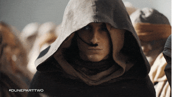 Movie gif. Timothée Chalamet as Paul in Dune: Part 2 walks through a crowd of people wearing a hooded robe, eyes in shadow as he looks around with a darkened expression.