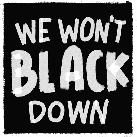 Text gif. Chalky white letters alive with stilted gyrations on an asphalt black background and a white border. Text, "We won't Black down."