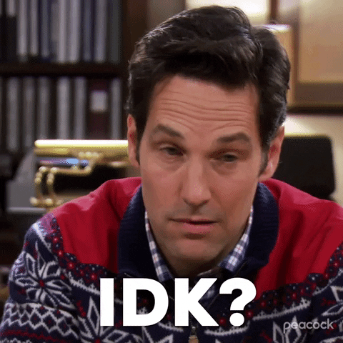 Parks and Recreation gif. Paul Rudd as Bobby shakes his head and raises his eyebrows unconcernedly, saying, "IDK?"
