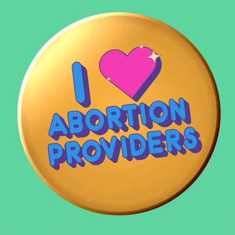 Digital art gif. Gold circle rocks back and forth in front of a mint green background. Text, “I heart abortion providers.”