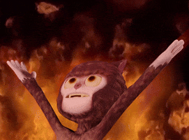 Digital art gif. A werewolf stands in front of a wall of flames. The werewolf lifts its arms up in the air and looks pleased as the flames burn around them.