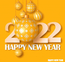 Digital art gif. Yellow Christmas ornaments with different patterns hang suspended in the air. The ornaments rotate in a steady motion. The biggest ornament, which has a diamond pattern on it, makes up the zero in the big “2022.” Under 2022, it says “happy new year” in still white letters and then “happy new years again” in a wave motion in the corner.