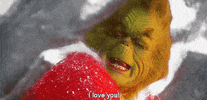 Movie gif. Jim Carrey as The Grinch in How the Grinch Stole Christmas smiles with his eyes closed and shakes his head amorously while saying "I love you!" which appears as text.