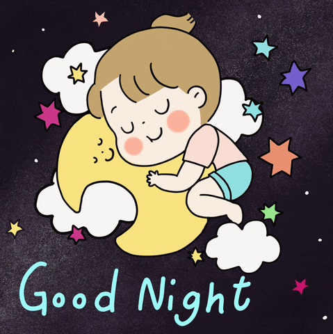 Digital illustration gif. Child snuggles with a tiny crescent moon as they both nod their heads from side to side like they are rubbing cheeks. Multi-colored stars twinkle around them against a black background. Text, "Good night."