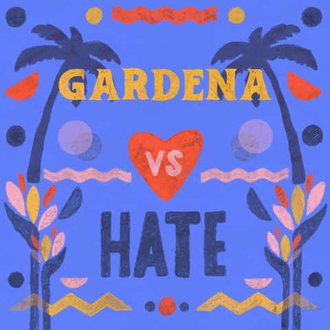 Digital art gif. Graphic painting of palm trees and rippling waves, the message "Gardena vs hate," vs in a beating heart, hate crossed out.