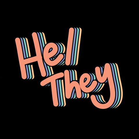 Text gif. Charming handwriting font graphic reading "He/they," blinking blue, purple, coral, orange.