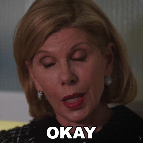 TV gif. Christine Baranski as Diane Lockhart on The Good Fight looks down with almost sorrowful eyes as she says, “Okay.”