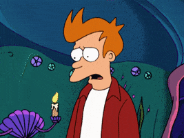 Cartoon gif. Phillip J. Fry from Futurama sees something absolutely horrifying, as he violently clenches his hair and shrieks so violently that his tongue and teeth quiver. As we zoom in on him, his face is cast in a looming candlelight.