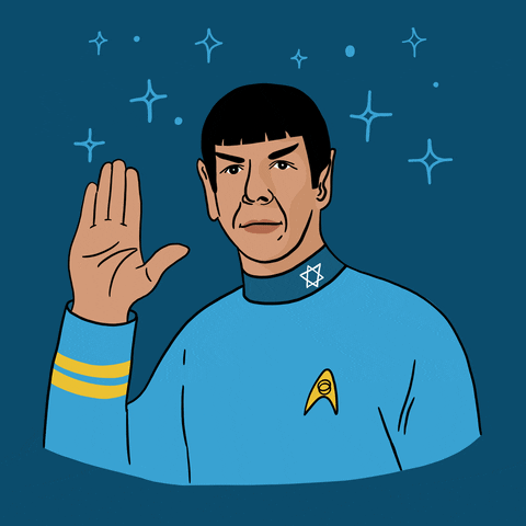 Illustrated gif. Spock on a starry background, throwing the Live Long and Prosper gesture, the Star of David on the collar of his uniform.