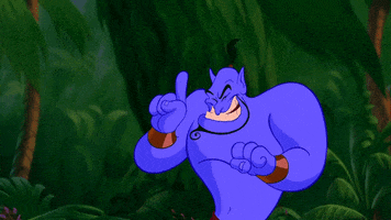 Movie gif. Genie from Disney’s Aladdin points at something with a big smile but pauses as his jaw drops in shock and his floating ponytail goes limp.