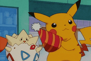 Cartoon gif. Pikachu and Togepi in Pokémon both put on party hats in anticipation of a celebration. They cutely smile after the hats go on and put their hands out  to show off their festive gear.