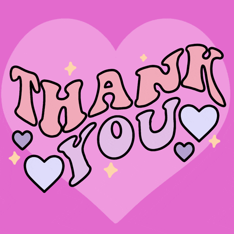 Text gif. Against a pink background with a pastel pink heart, pale blue hearts and yellow sparkles surround the words "thank you" as the words switch colors from lavender to salmon.