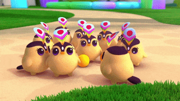 Cartoon gif. A flock of baby Hino Tari birds from True and the Rainbow Kingdom are gathered together and then they face us, as one flies toward us with a kissy face.