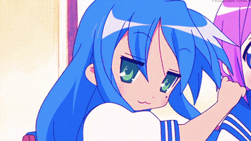 Anime gif. Konata Izumi from Lucky Star looks at us with a cool expression, winks, and gives a big thumbs up.