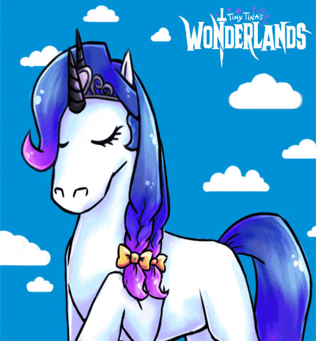 Illustrated gif. White unicorn with blue, purple braided hair and a silver crown. The unicorn moves its head, creating a magical heart with its horn, and then bats its purple eyes at us. Text, “Tiny Tina’s Wonderlands.”