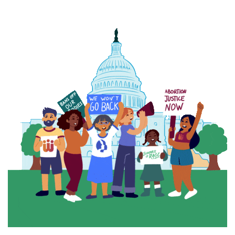 Digital art gif. Group of cartoon people of different races and genders stand in front of a rotating plethora of backdrops, including the US Capitol building, a convention center, and a park. They hold signs that say "Bans off our bodies; We won't go back; Summer of rage; and Abortion justice now." Text, "Vote, rage, convene."