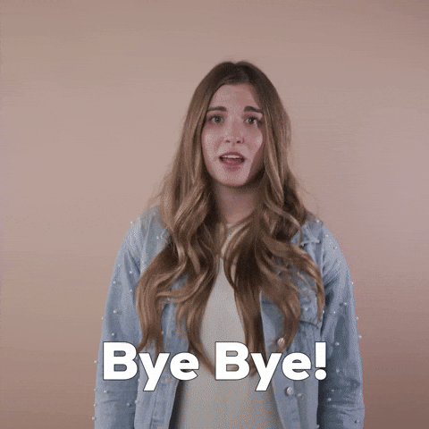 Reaction gif. A light-skinned woman with big eyes, shiny bronde hair, and cerebral palsy turns on her heel, throwing us a sassy shoulder and a talk-to-the-hand gesture, saying "Bye-bye," with a laugh.