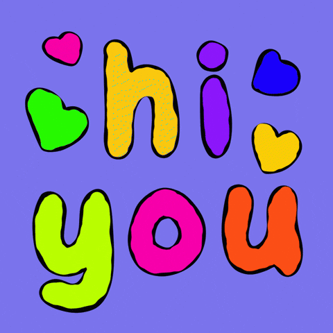 Text gif. Lower case text and small hearts flash an array of colors on a blue background. Text, "Hi you."