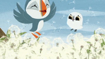 #puffin #rock #puffinrock #oona #baba #fluffies #dandelions #jump #bouncy GIF by Puffin Rock