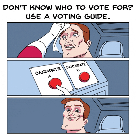 Digital art gif. Daily Struggle comic meme features a man sweating nervously as he wipes his brow. Below him, we see his hand sliding back and forth undecidedly between two red buttons labeled Candidate A and Candidate B. The final photo shows the man smiling, giving us a thumbs up. Text, “Don’t know who to vote for? Use a voting guide.”