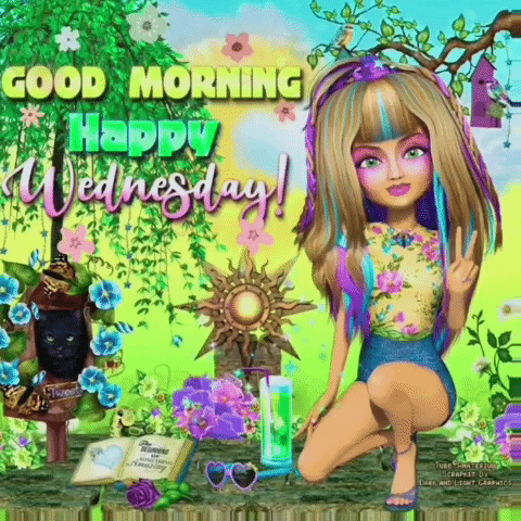 Digital art gif. A woman crouches in a glittering garden giving us a peace sign, next to a black cat in a birdhouse. Text, “Good morning. Happy Wednesday!”