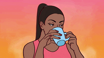Cartoon gif. Woman with a high ponytail sips from a teacup, looking over the top of it with a suspicious or judgmental expression. The background is an orange-pink gradient with white steam rising behind her.