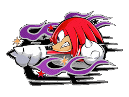 Sponsored sticker gif. Knuckles the red echidna from Sonic the Hedgehog punches one of this spiked fists forward. Purple racing flames flutter around him.
