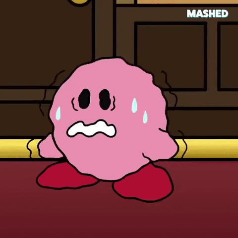 Video game gif. Kirby is super scared and his whole body trembles. Sweat pours down from his forehead. 