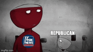 Meme gif. Cartoon of a person combined with a wine glass, full of red wine, tilts toward another, smaller wine glass person and pours their wine into the other person's head. The smaller person grows to be the same size as the first person. The first person is labeled "Fox News," while the second person is labeled "Republican," and the label changes to "white supremacist" as the person grows.