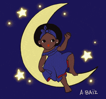 Illustrated gif. A girl in a navy ruffle collar dress and headscarf waves as she reclines on a crescent moon that floats among twinkling stars.