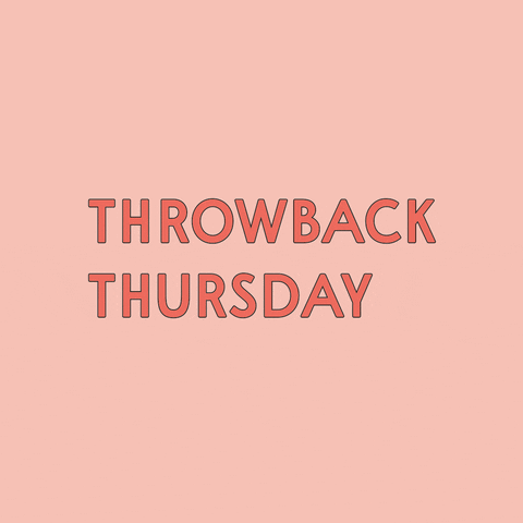 Text gif. Minimalist block text flashes from blue to red to yellow, against a peach-colored background, reading "Throwback Thursday."