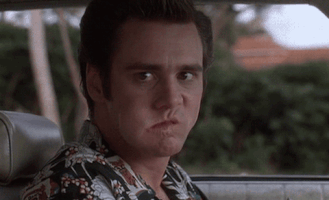Movie gif. Jim Carrey as Ace from Ace Ventura sits next to us in the driver's seat, laboriously chewing with a cold, angry stare.