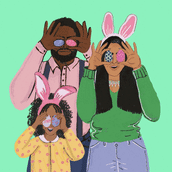 Mixed race family holding Easter eggs up to their eyes while wearing bunny ears.
