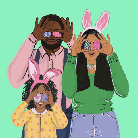 Illustrated gif. Family of three hold decorated Easter eggs over their eyes and wear bunny ears in front of a mint green background. They smile and open their mouths wide, the woman sticking her tongue out.