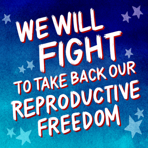 Text gif. Amongst blue stars over a blue background reads the text, “We will fight to take back our reproductive freedom.”