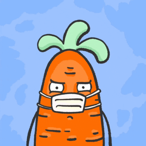 Illustrated gif. Carrot with a face mask over its mouth looks at us as it walks, sweating, under a hot yellow sun.