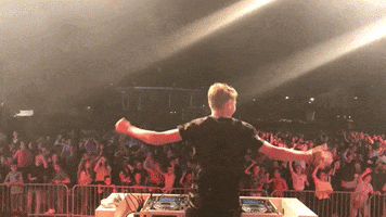 Video gif. DJ jumps on stage behind his turntables. He moves his arms up and down to gesture at the sea of people in front of him to jump with him.