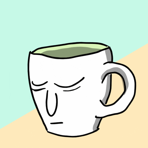 Illustrated gif. White mug with a face sleeps on the counter. Coffee is poured into the mug and it slowly wakes up.