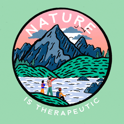 Digital art gif. Inside a circle is an illustration of a beautiful mountain scene with three people looking out of a river in a green, lush valley. Text, "Nature is therapeutic."