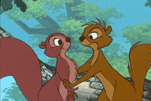 Cartoon gif. Brown squirrel holds a pink squirrel who pecks at him aggressively with her nose. The brown squirrel looks surprised or maybe a bit in pain as he reacts to the kiss. 