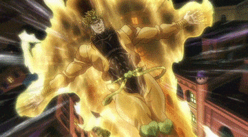 Anime gif. Dio in Jojo’s Bizarre Adventure glows in flames as he teleports.