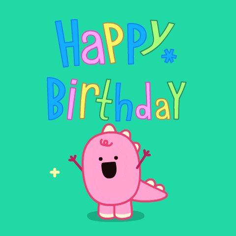Cartoon gif. DinoSally holds her arms up as she bobs from side to side with an open mouth smile. Yellow fireworks burst all around her against the bright green background and multicolored block letter text, "Happy Birthday."