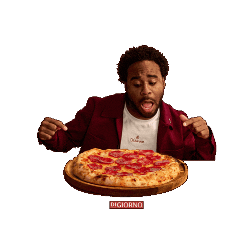 Sponsored sticker gif. Man excitedly points to a pepperoni pizza in front of him with both hands. Flames erupt behind him. Text reads, “Fuego.”