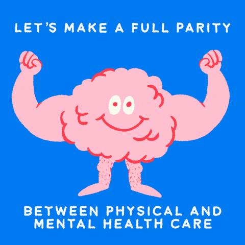 Illustrated gif. Personified bubble gum pink brain smiles and blinks as it flexes its biceps on a sky blue background. Text, "Let's make a full parity between physical and mental health care."
